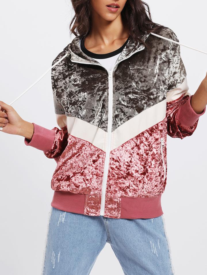 Romwe Cut And Sew Crushed Velvet Hooded Jacket