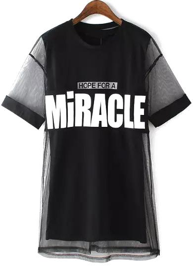 Romwe With Sheer Mesh Letter Print Black Dress