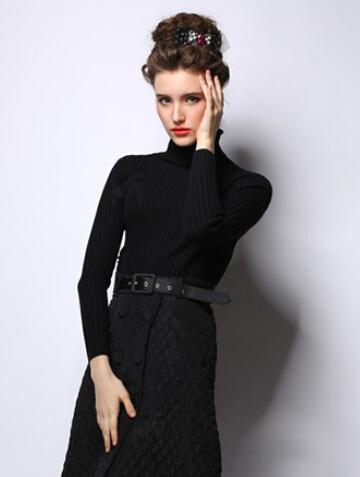 Romwe High Neck Belted Slim Black Long Sweater