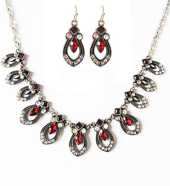 Romwe Red Gemstone Drop Tassel Necklace With Earrings