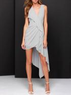 Romwe Grey V Neck Asymmetric Ruffle Dress