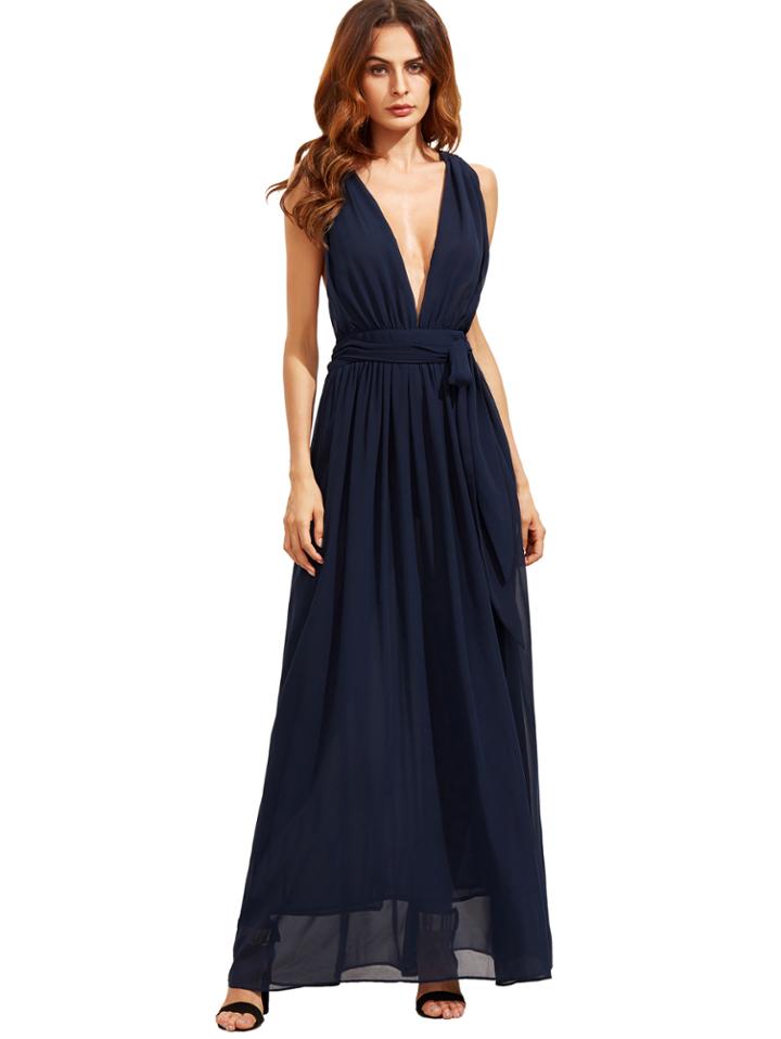 Romwe Navy Deep V Neck Self-tie Waist Maxi Dress