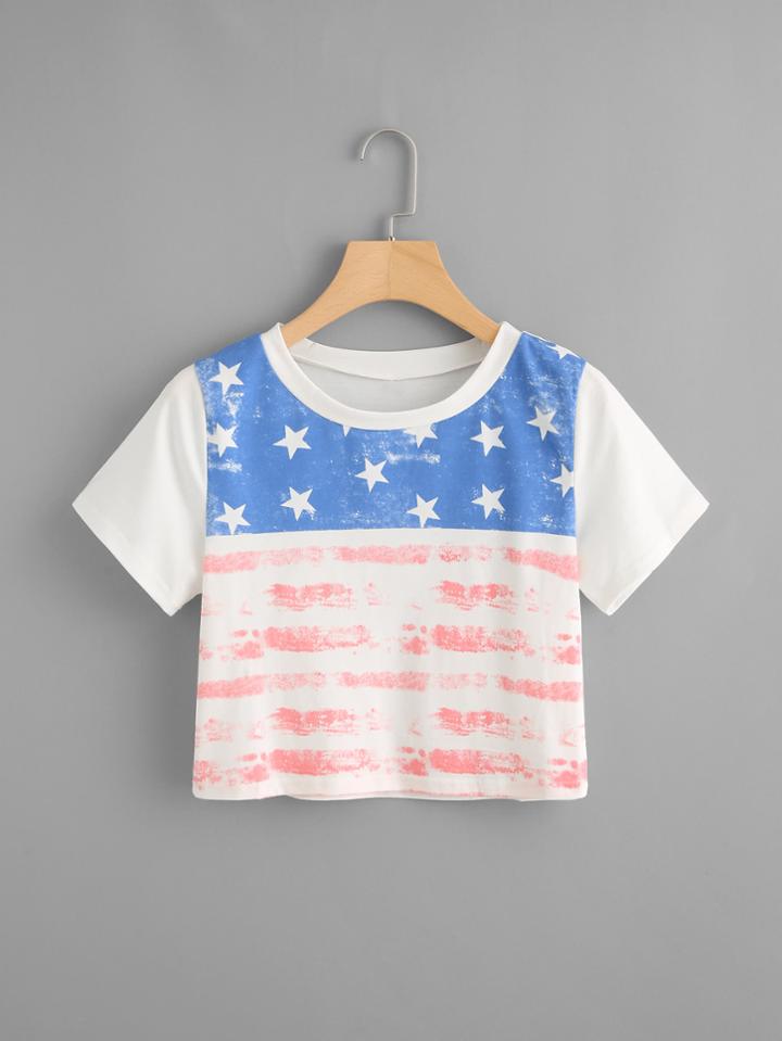Romwe Star Print Crop Tee