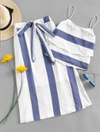 Romwe Striped Tiered Cami Top With Knot Front Skirt