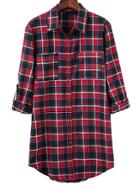 Romwe Red Plaid Curved Hem Blouse With Pocket