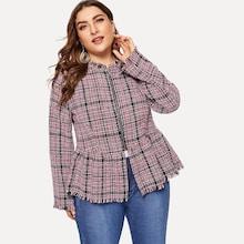 Romwe Plus Zip Up Plaid Tweed Coat