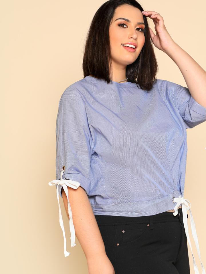 Romwe Grommet Knot Pinstripe Dolman Top