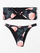 Romwe Flower Print Knot Bandeau Bikini Set