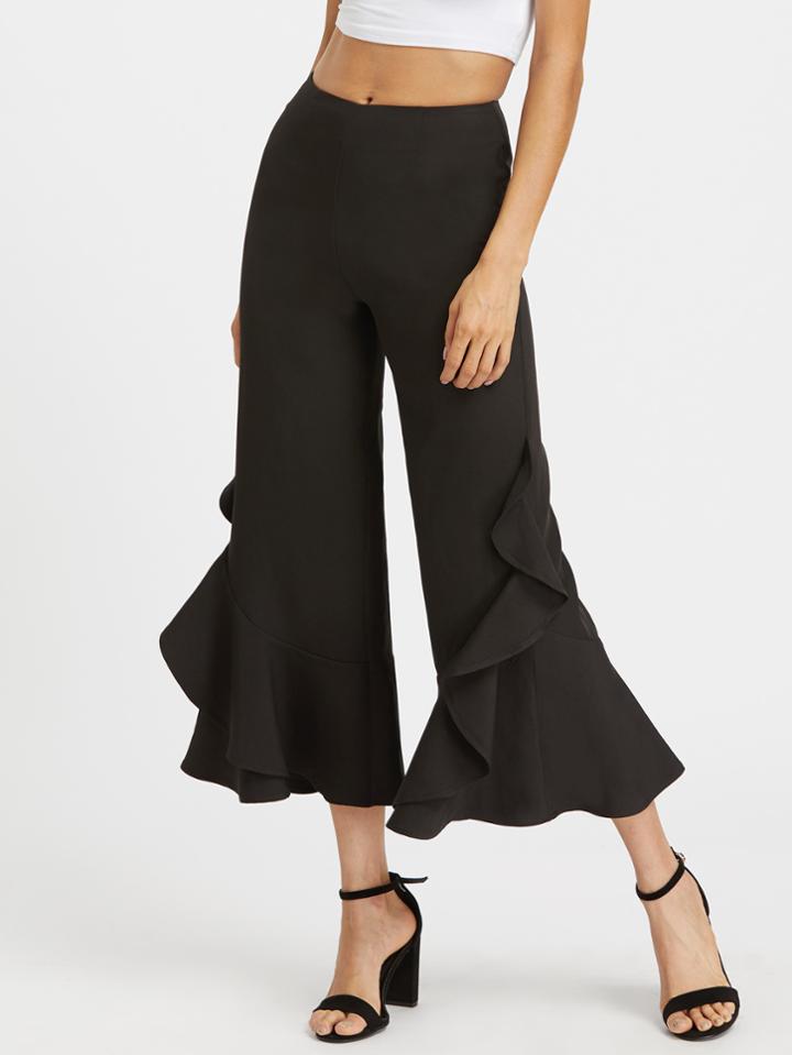 Romwe Frill Trim Crop Flared Pants