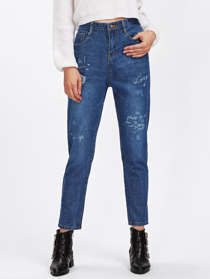 Romwe Letter Print Ripped Jeans