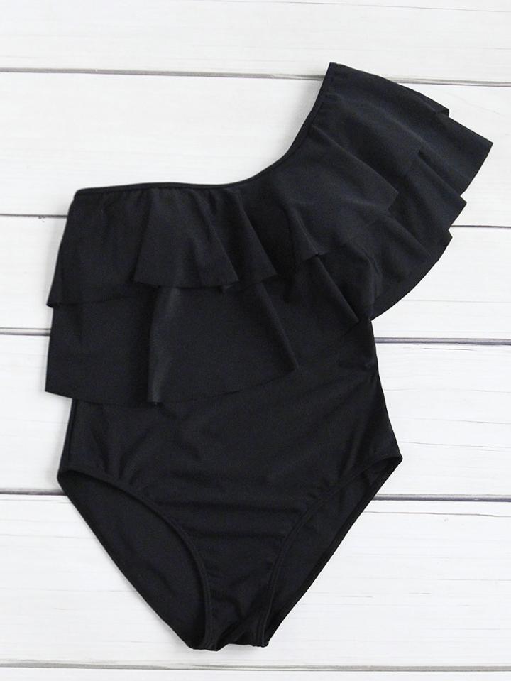 Romwe One Shoulder Flounce Swimsuit