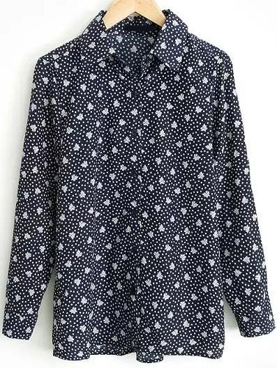 Romwe Lapel Snowflake Print Navy Blouse