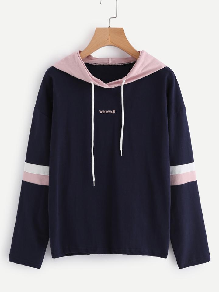 Romwe Contrast Hooded Embroidered Striped Sleeve Sweatshirt