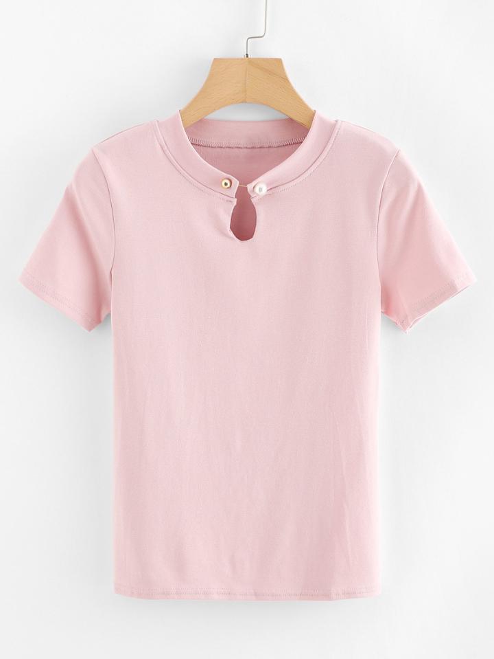 Romwe Cut Out Neck Pearl Detail Tee