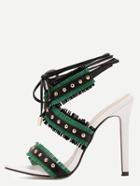 Romwe Green Open Toe Cutout Fringe Studded Stiletto Sandals