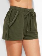 Romwe Olive Green Frayed Lace Trim Drawstring Waist Shorts
