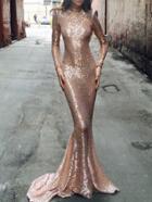 Romwe Stand Collar Open Back Mermaid Gold Dress