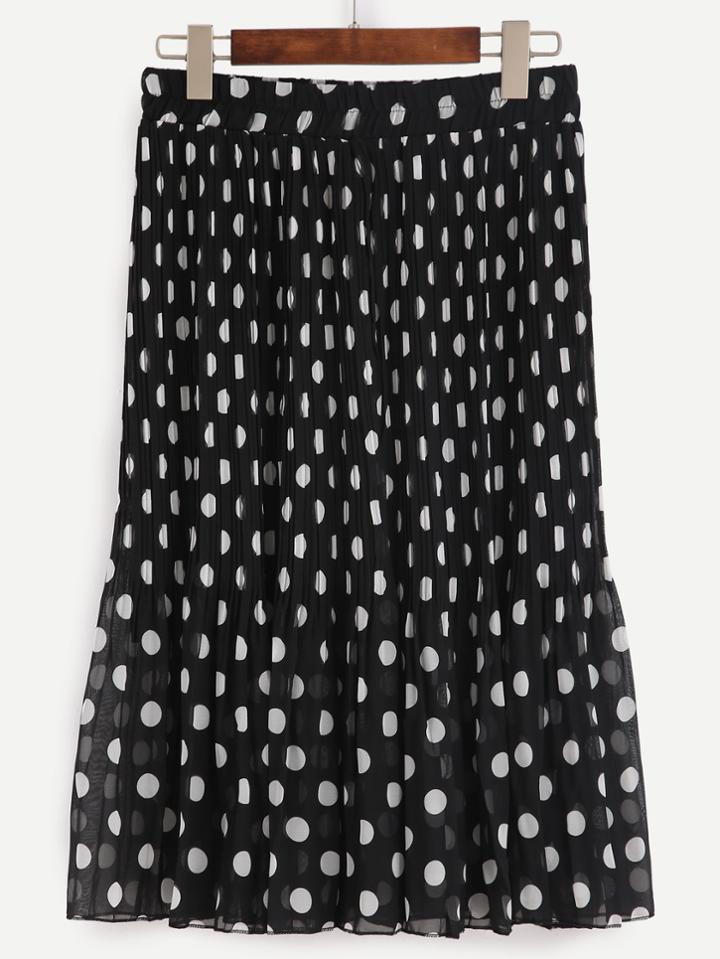 Romwe Black Polka Dot Elastic Waist Pleated Skirt