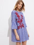 Romwe Fluted Sleeve Vine Embroidered Gingham Dress