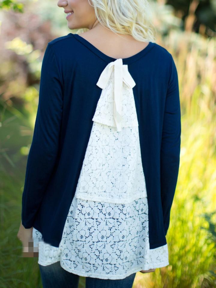 Romwe Contrast Lace Bow Blue Blouse