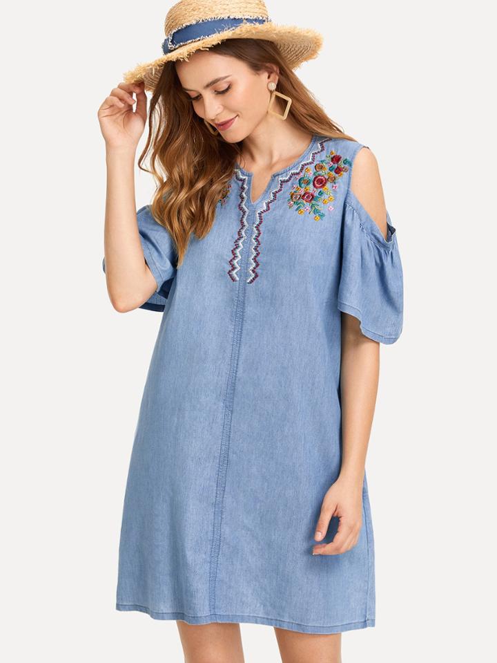 Romwe Botanical Embroidered Open Shoulder Denim Dress