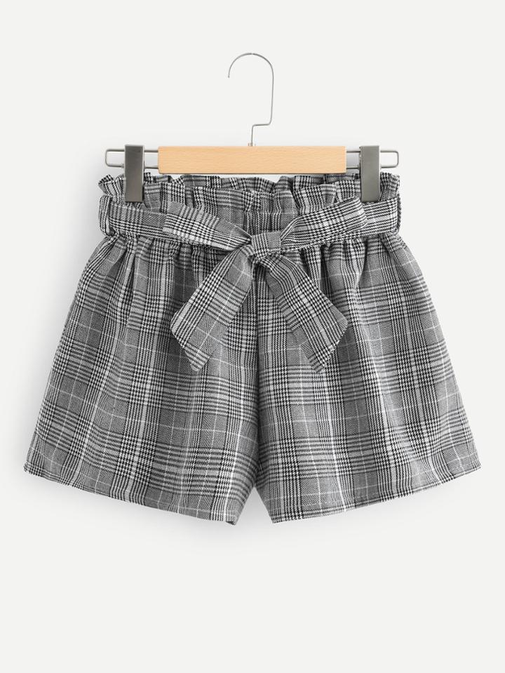 Romwe Frill Trim Self Tie Waist Checked Shorts