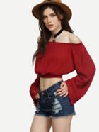 Romwe Burgundy Off The Shoulder Bell Sleeve Crop Top