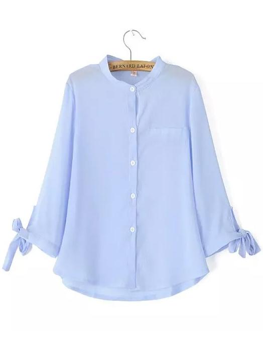 Romwe Blue Long Sleeve Bow Chiffon Blouse