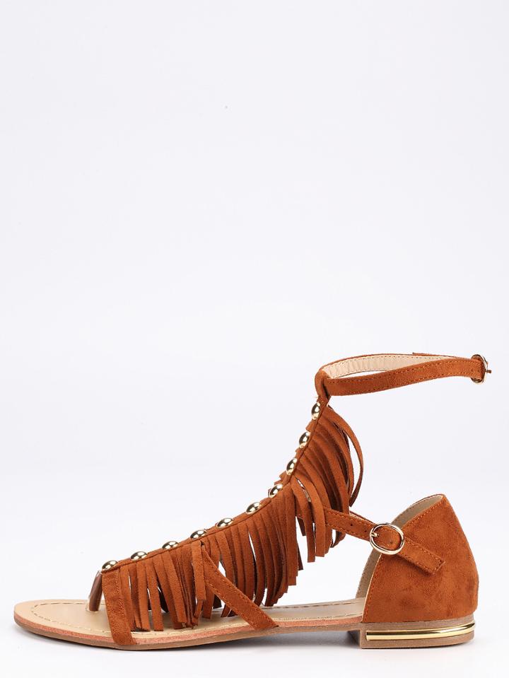 Romwe Faux Suede Caged Fringe Sandals - Camel
