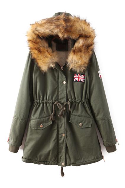 Romwe Drawstring Pocketed Faux Fur Hoodie Navy-green Coat
