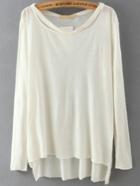 Romwe Long Sleeve Dip Hem White T-shirt