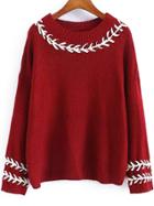 Romwe Knit Crochet Slit Back Wine Red Sweater