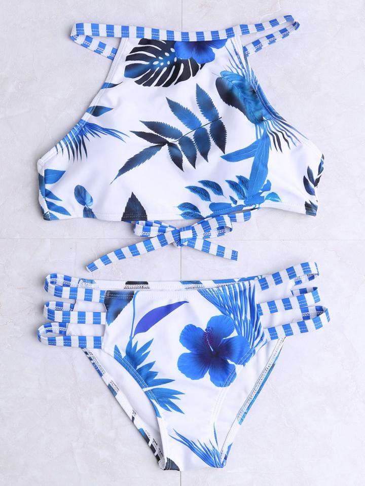 Romwe Blue Leaf Print Striped Detail Ladder Cutout Bikini Set