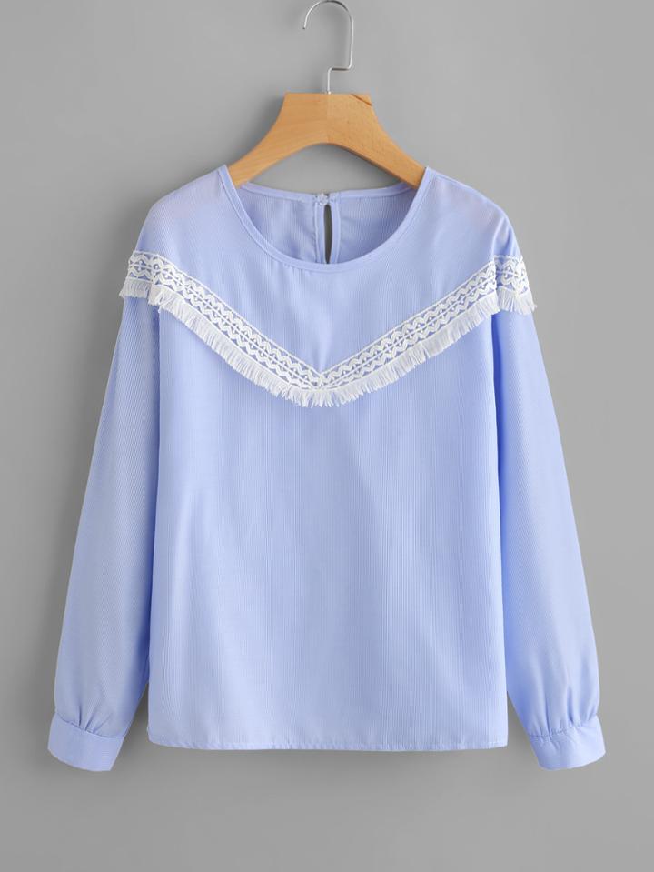 Romwe Contrast Crochet Applique Pinstriped Blouse