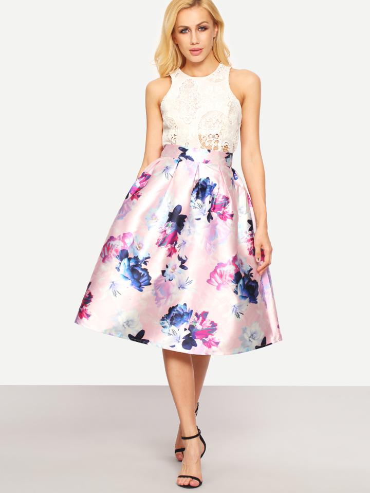 Romwe Flower Print Box Pleated Midi Dress - Pink