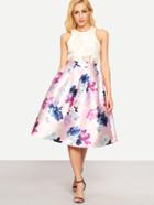 Romwe Flower Print Box Pleated Midi Dress - Pink