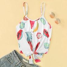Romwe Fruit Print Knot Hem Cami Top