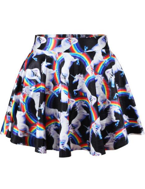 Romwe Rainbow Horse Print Flare Skirt