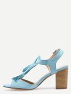 Romwe Faux Suede Tasselled T-strap Block Heel Sandals - Blue