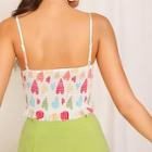 Romwe Tie Front Heart Print Shirred Cami Top