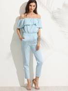 Romwe Blue Off The Shoulder Ruffle Jumpsuit