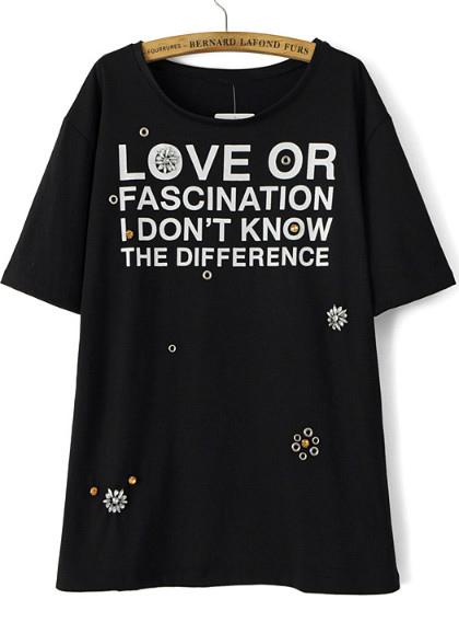 Romwe Black Short Sleeve Letters Print Bead T-shirt