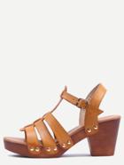 Romwe Light Tan Faux Leather Caged Wooden Heel Sandals