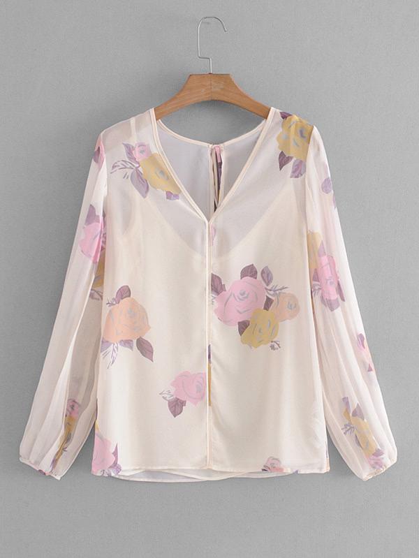 Romwe 2 In 1 Floral Sheer Blouse