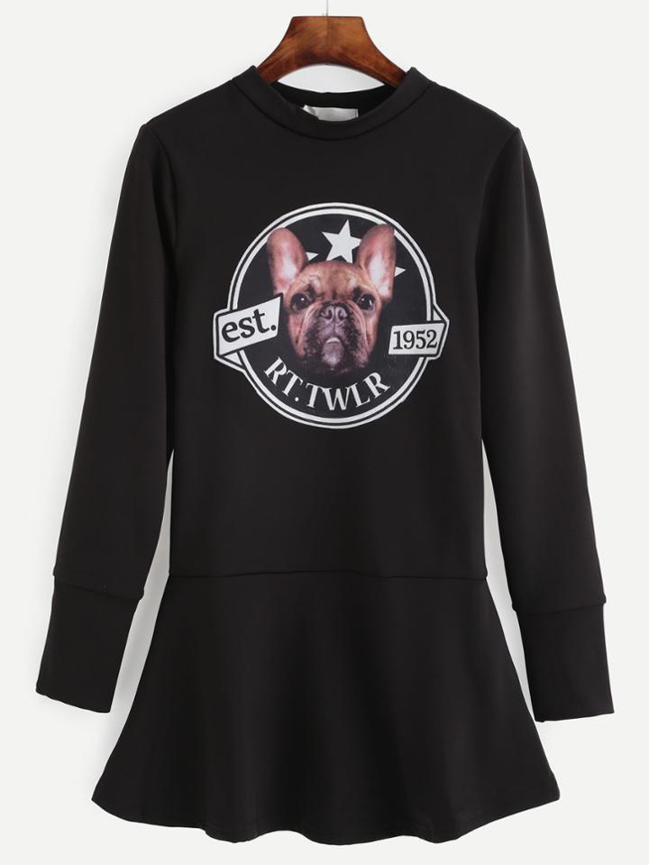 Romwe Black Dog Print Patch Sweatshirt
