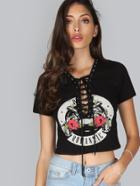Romwe Eyelets Lace Up Crop Graphic Tee