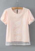 Romwe Short Sleeve Embroidered Organza Pink Top