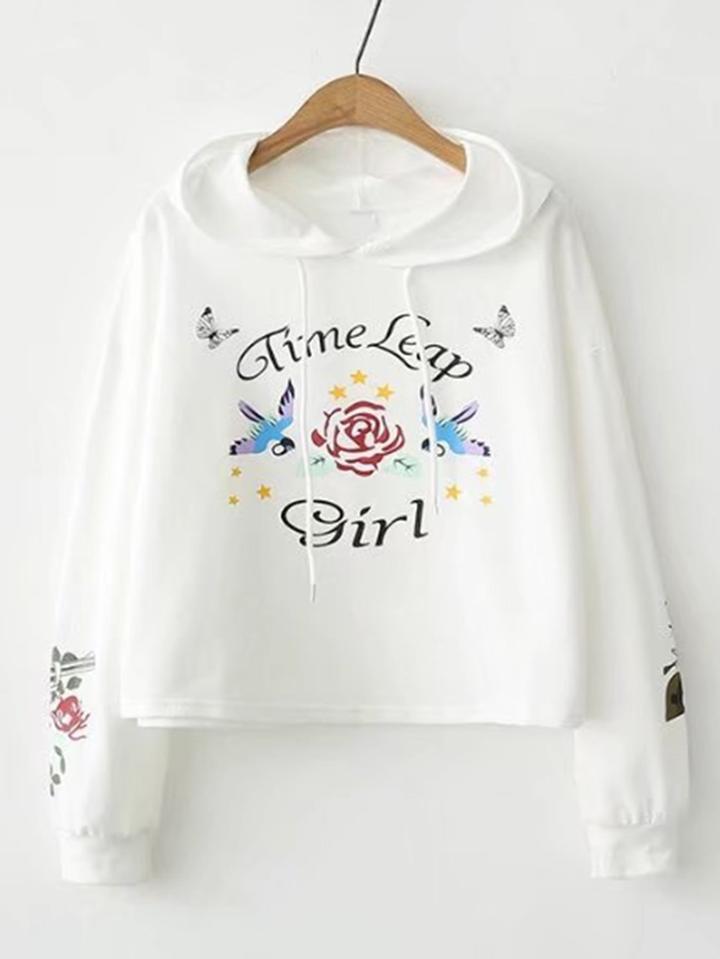 Romwe Slogan & Flower Print Hoodie