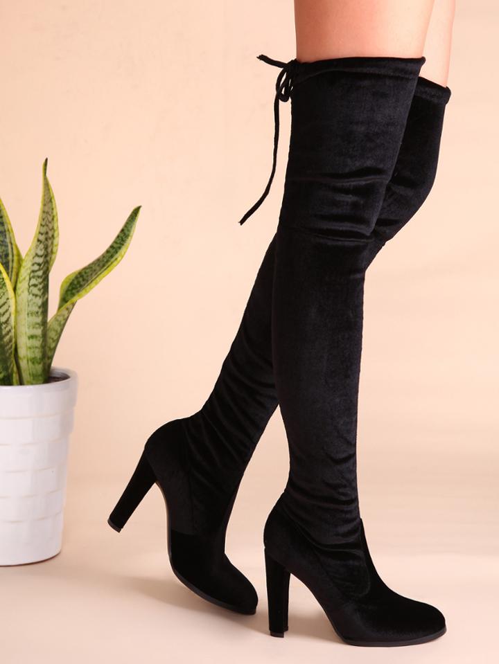 Romwe Black Velvet Point Toe Lace Back Over The Knee Boots