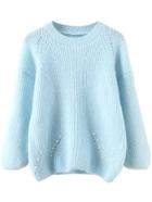 Romwe Round Neck Bead Blue Sweater
